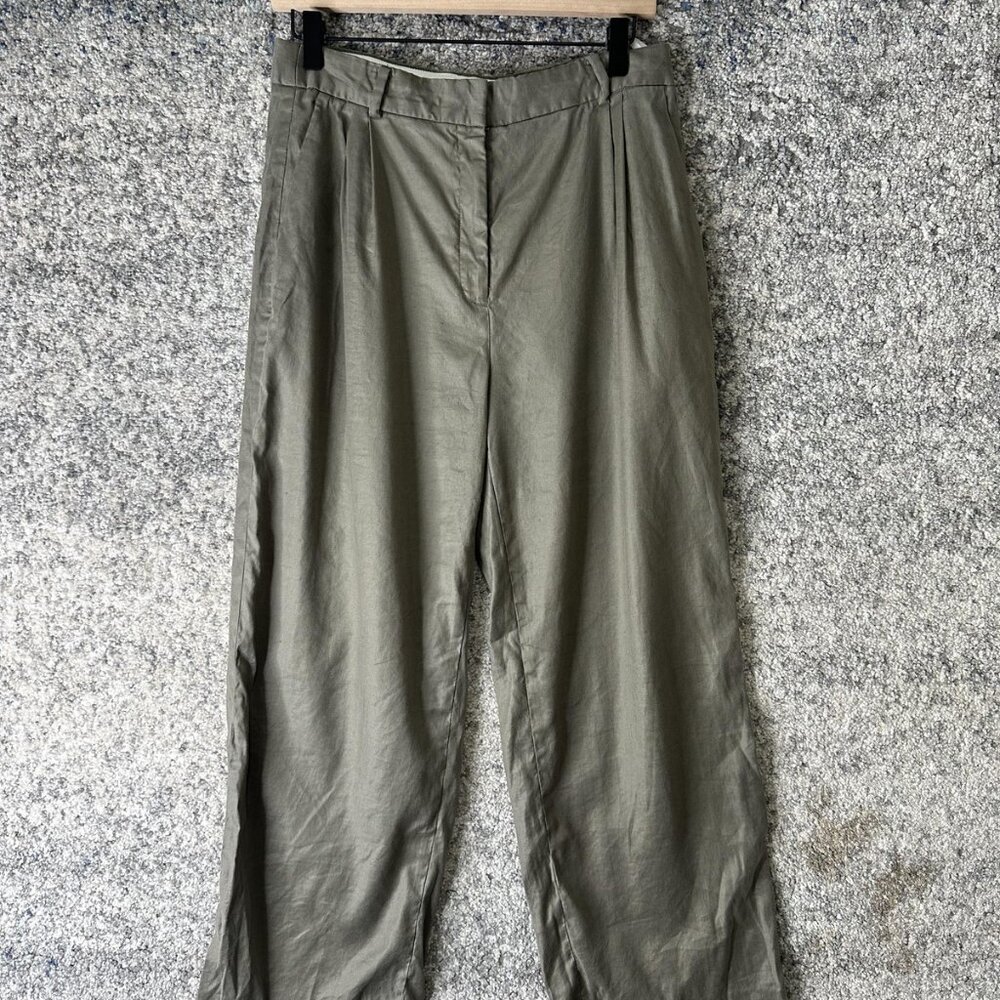 Babaton Pants Womens 8 Olive Linen Blend Wide Leg Pleated Trousers Zip Fly Lined